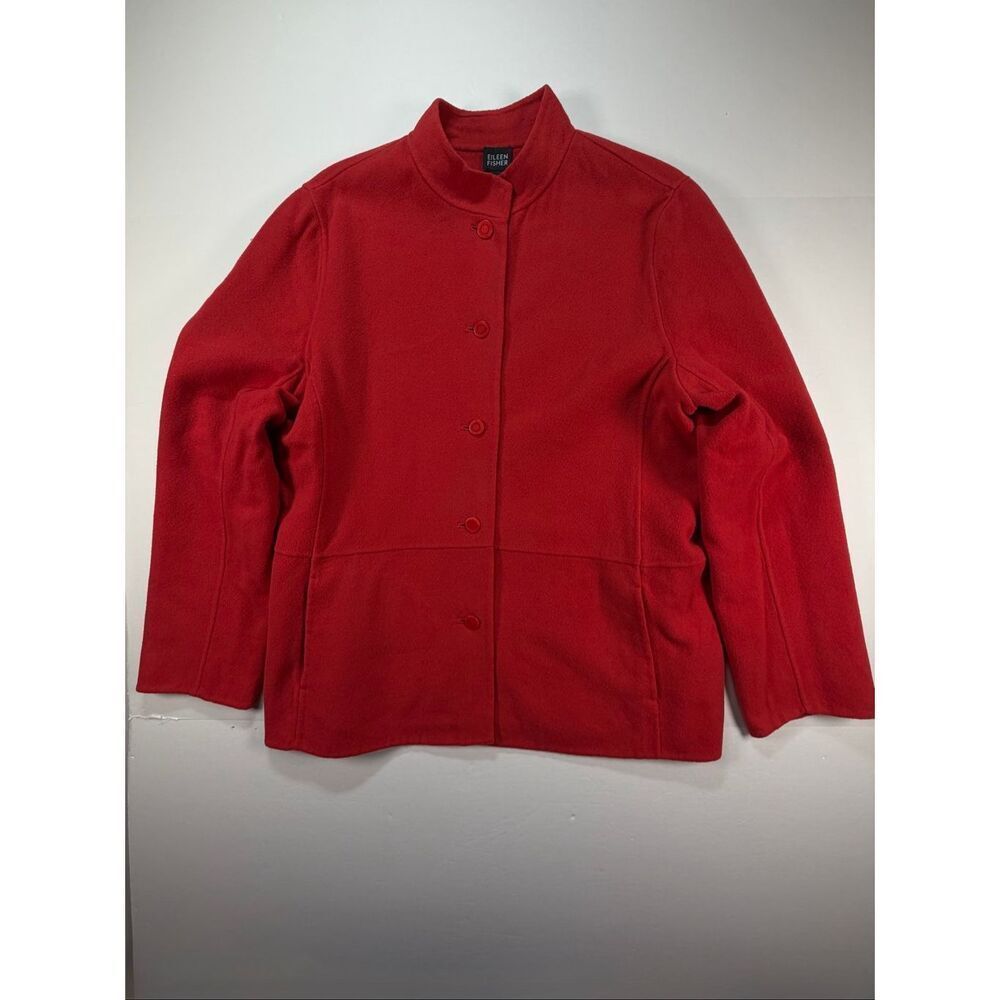 Eileen Fisher Wool Cashmere Jacket Womens Large Red Mandarin Collar Button Front
